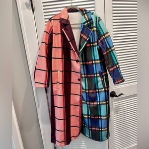 Colorful Plaid Long Coat - Pink & Teal